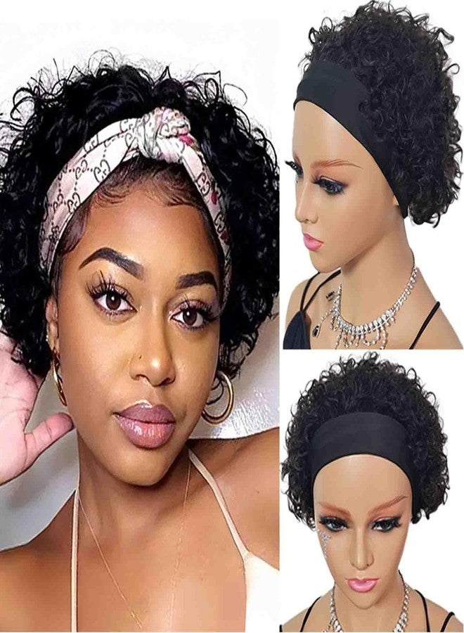 Adette Short Curly Human Hair Headband Wigs for Black Women Kinky Curl Bob Glueless Wigs Color Natural Black 1B None Lace Front Wig - Image 1